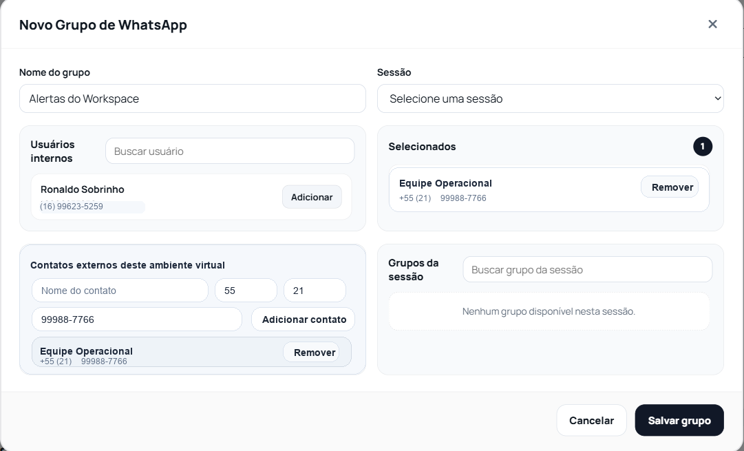 Modal de criação do grupo de WhatsApp do ambiente virtual