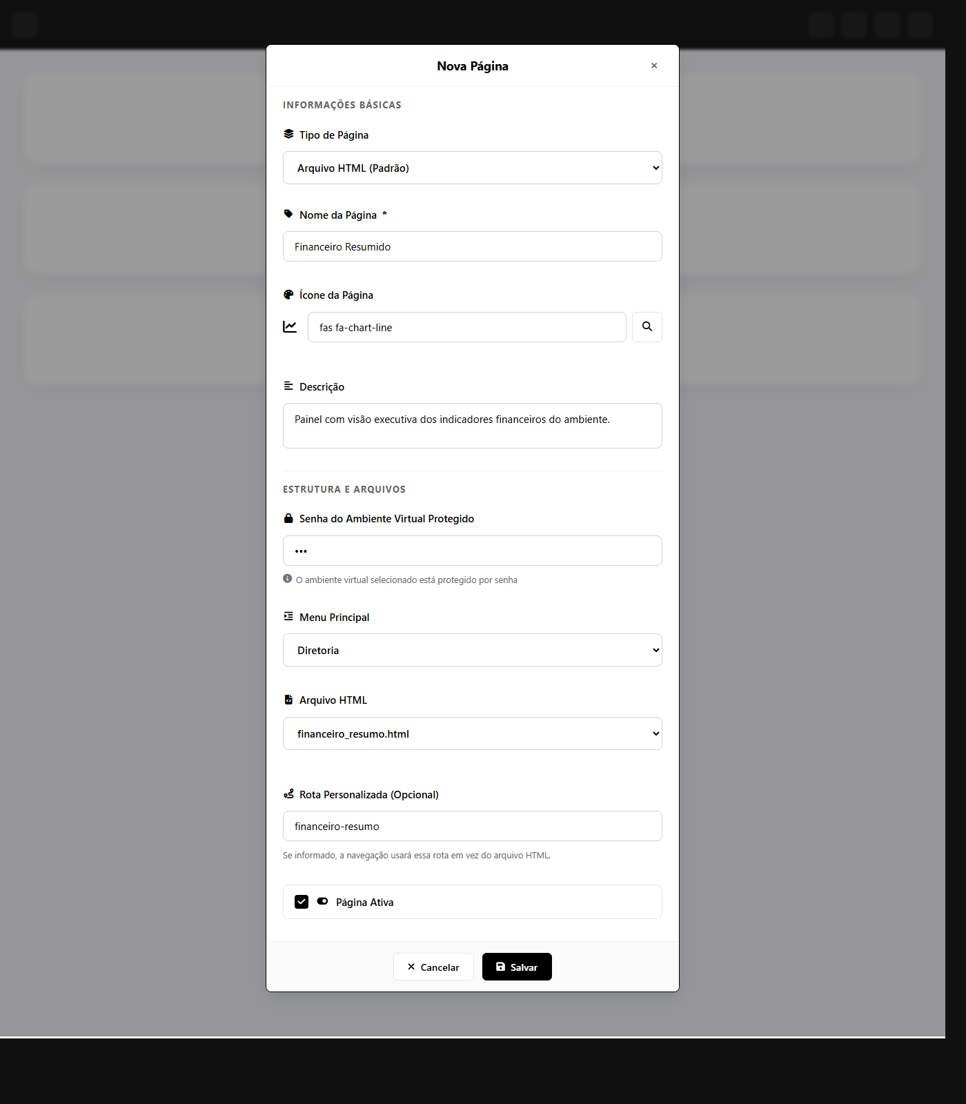 Modal de criação de página HTML em Gerenciar Páginas