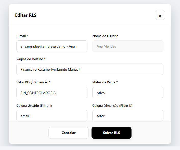 Modal de edição de regra no Gerenciar RLS