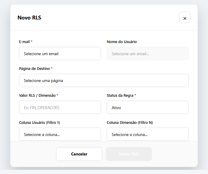 Modal de novo RLS aguardando preenchimento