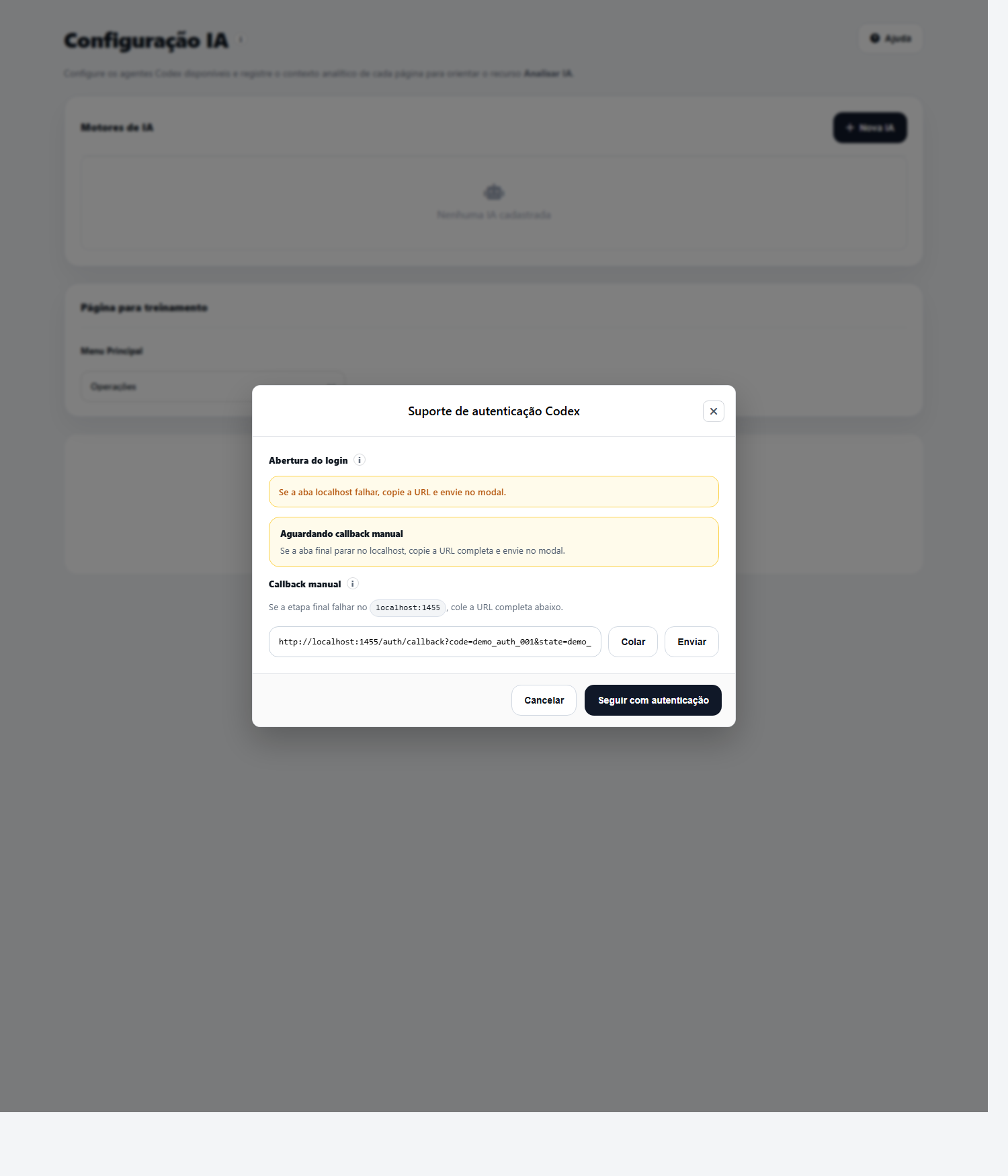 Modal de suporte para callback manual da autenticação Rejoin BI