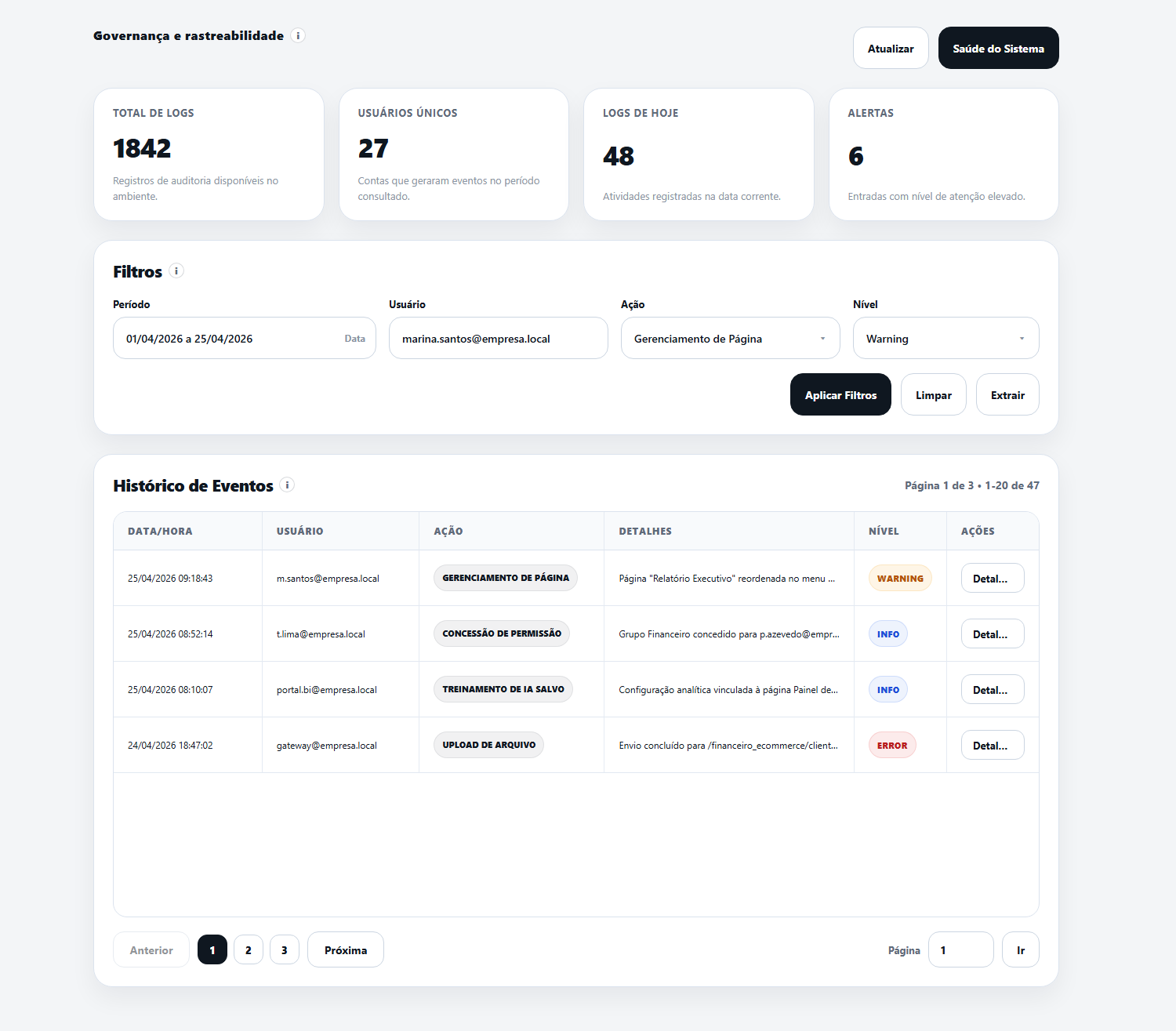 Sistema de Auditoria com filtros aplicados e registros retornados