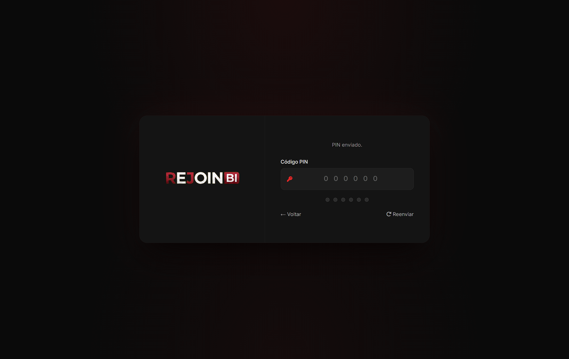 Tela de confirmação do PIN